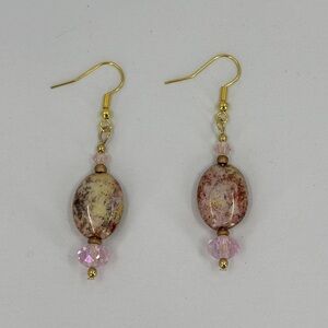 🟣 Pink and Gold with Shimmer coating and crystal bead Dangle Earrings Upcycled